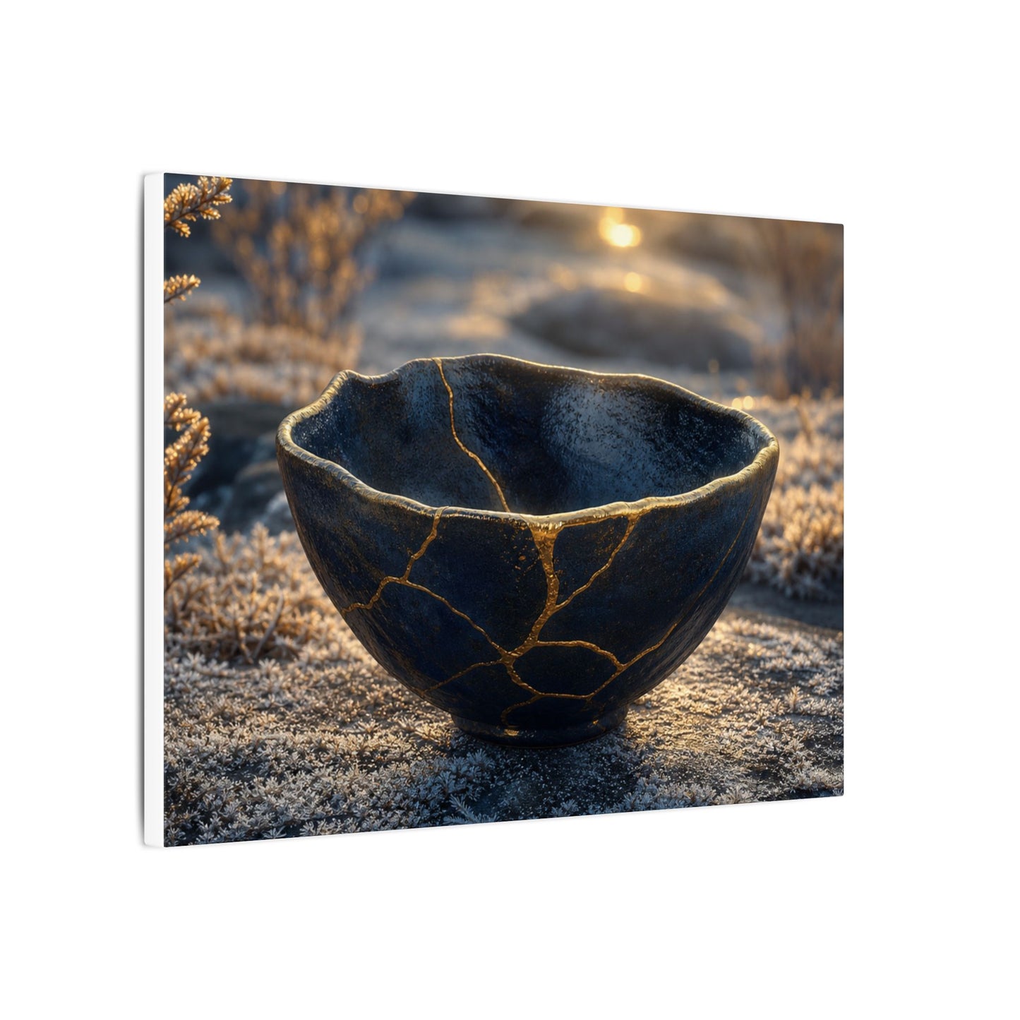 Ceramic Bowl Canvas Art | Winter Kintsugi Gold Repair Art