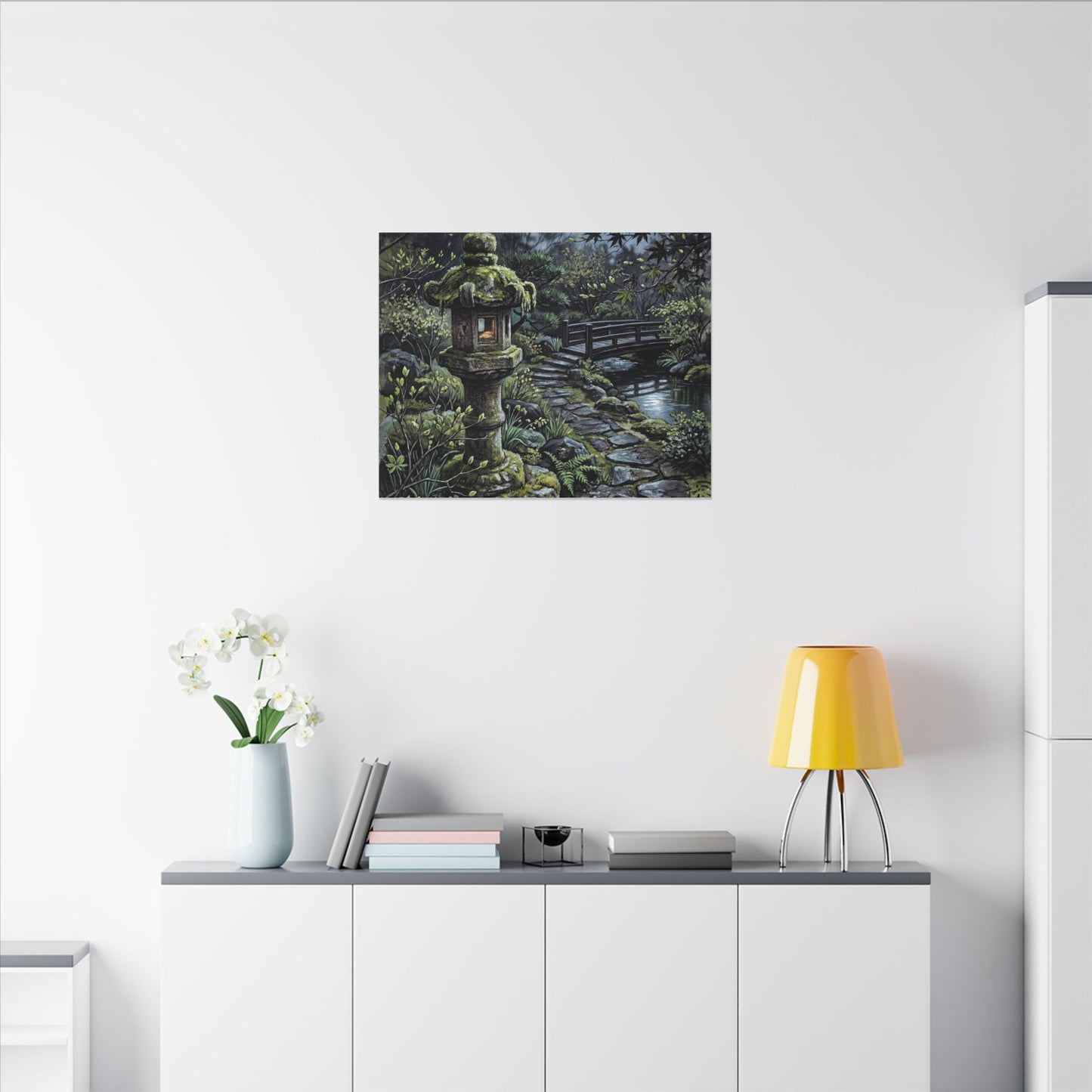 Japandi Stone Lantern in Moonlight | Texture Canvas Art
