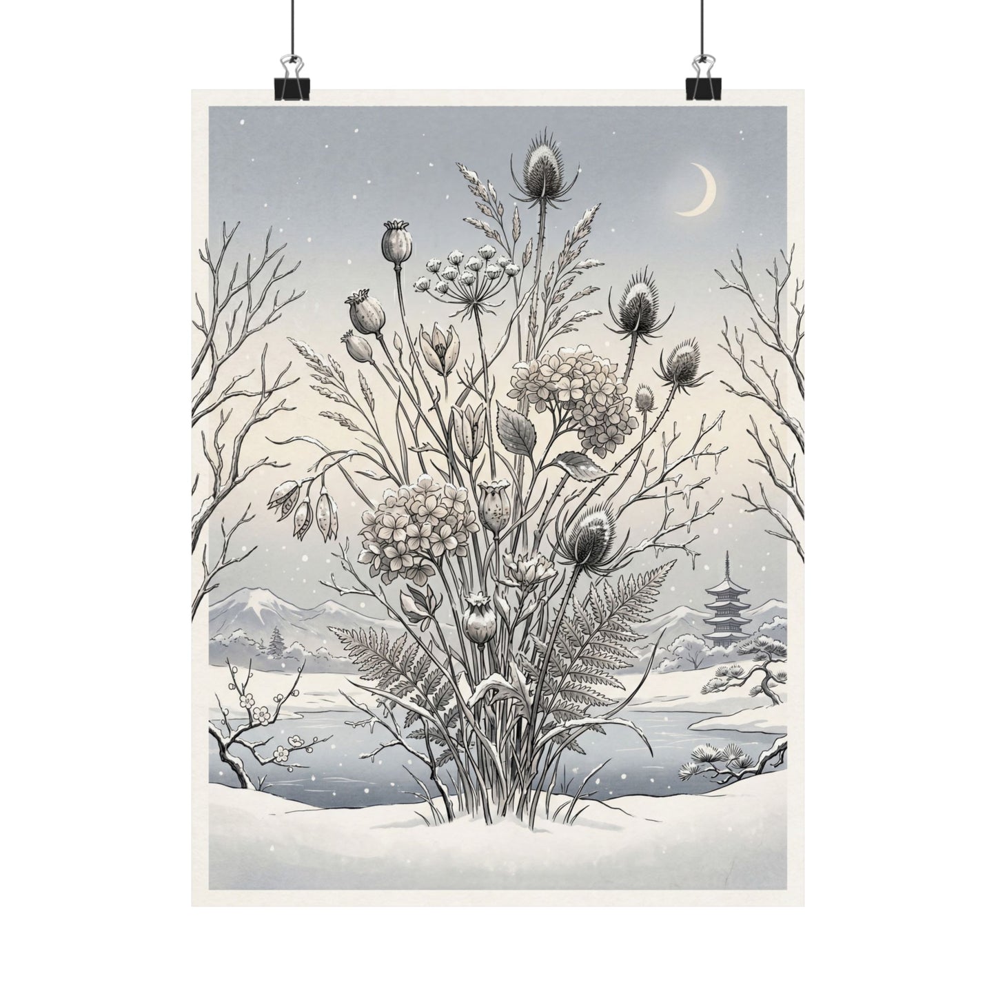 Zen Dried Flowers in Dawn | Ukiyo E Inspired Wall Art Print