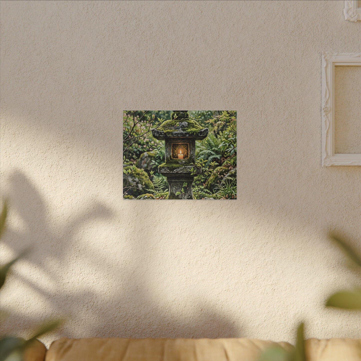 Neutral Stone Lantern Canvas Art - Japanese Pattern Japandi