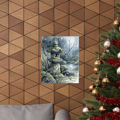 Japandi Stone Lantern in Moonlight | Watercolor Wall Art Print