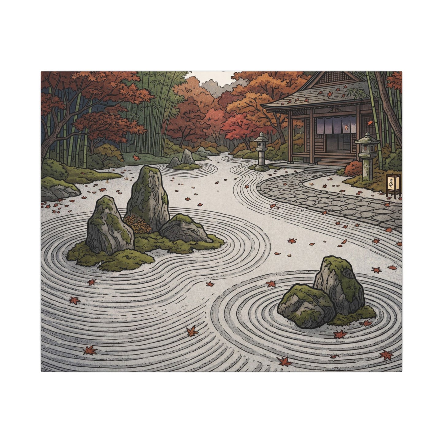 Autumn Rock Garden Ukiyo E Inspired Canvas Art | Peaceful Decor