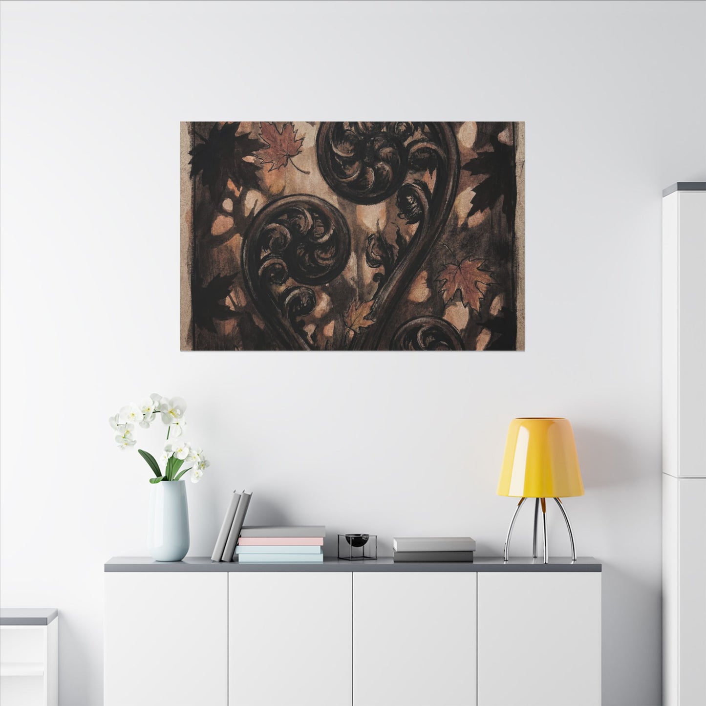 Mono No Aware Fern Unfurling Canvas Art - Dark Japandi Charcoal Ink