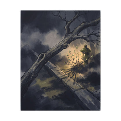 Dark Japandi Moonlit Garden in Golden Hour | Charcoal Ink Canvas Art