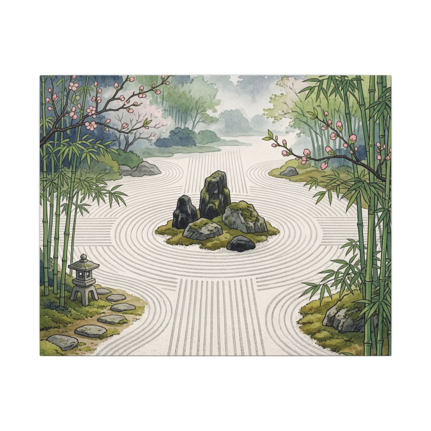 Tranquil Rock Garden Canvas Art - Ukiyo E Inspired Zen Art Print