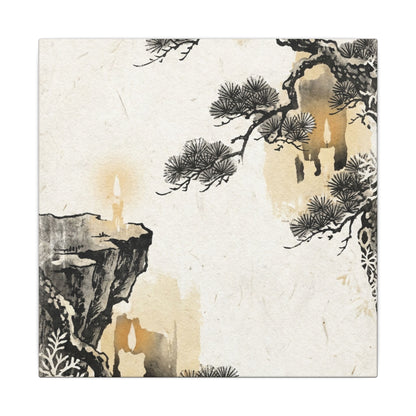 Japandi Pine Tree in Candlelight | Japanese Pattern Canvas Art