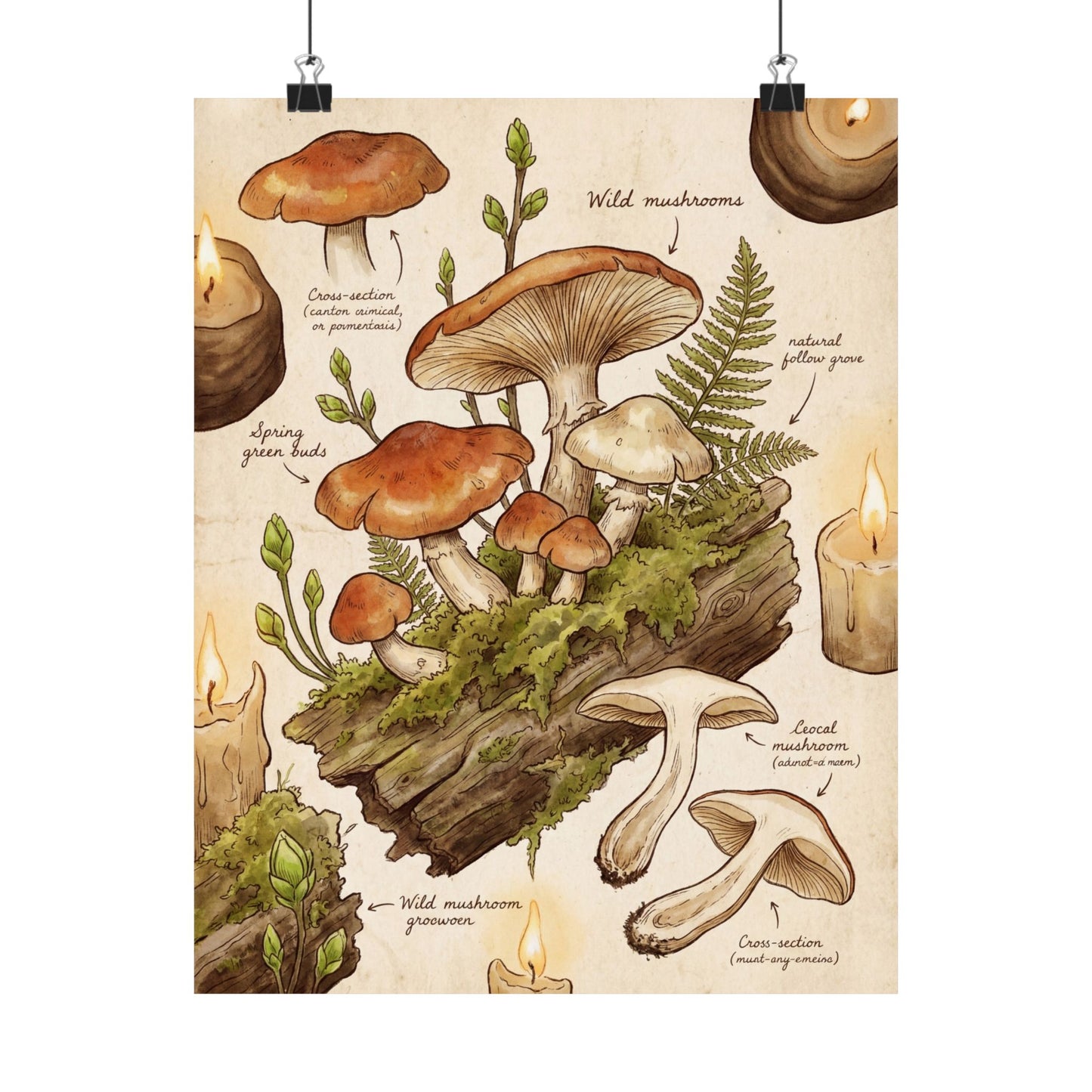 Spring Wild Mushrooms Forest Whimsy Wall Art Print | Rustic Decor Art Print