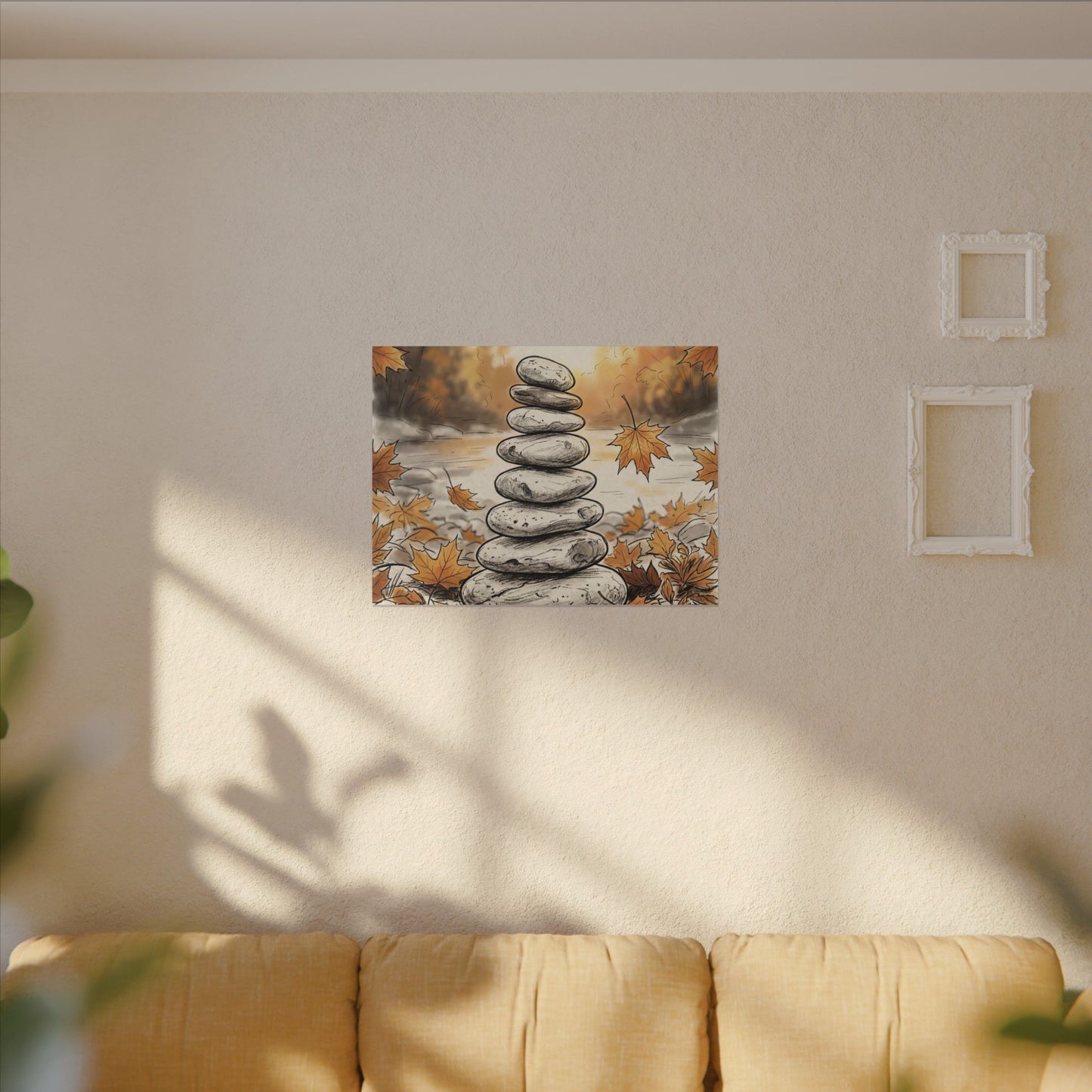 Earthy River Stones Canvas Art - Minimal Line Japandi