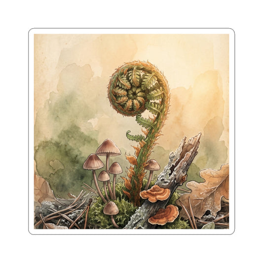Cottagecore Fern Unfurling in Golden Hour | Mushroom Illustration Sticker