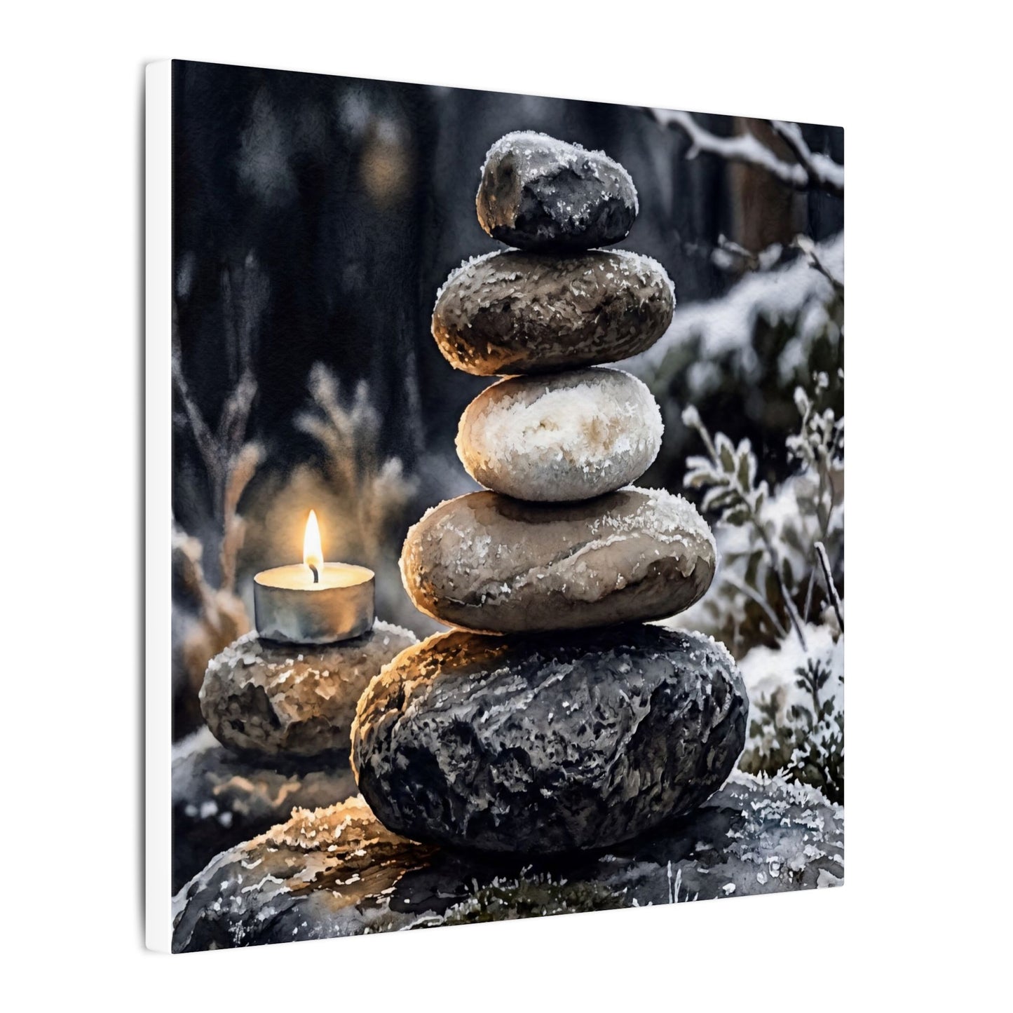 River Stones Canvas Art | Winter Japandi Watercolor Art