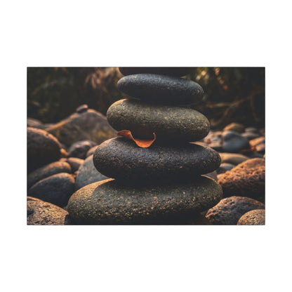 Dark Japandi River Stones in Golden Hour | Moody Minimal Canvas Art