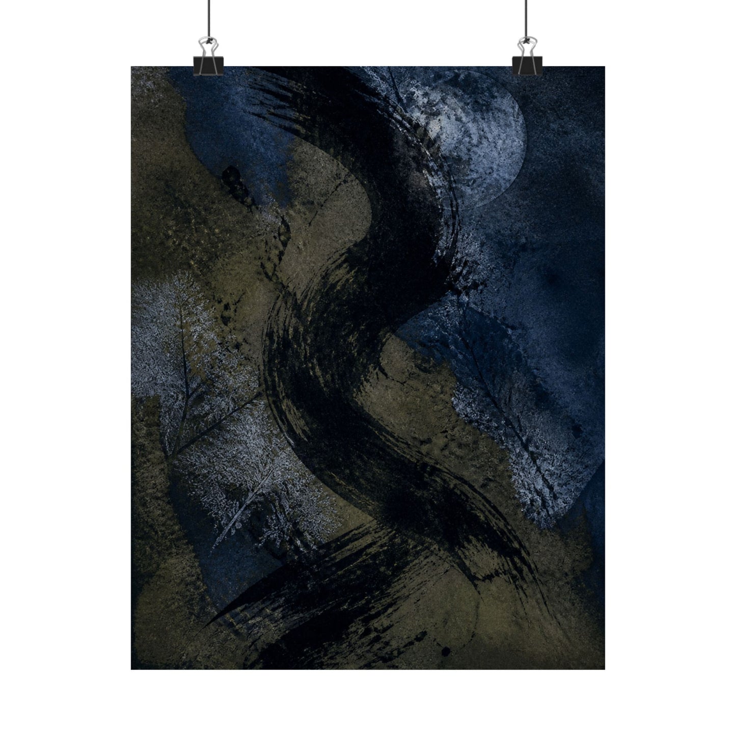 Ink Brushstroke Winter Wall Art Print | Dark Japandi Atmospheric Design