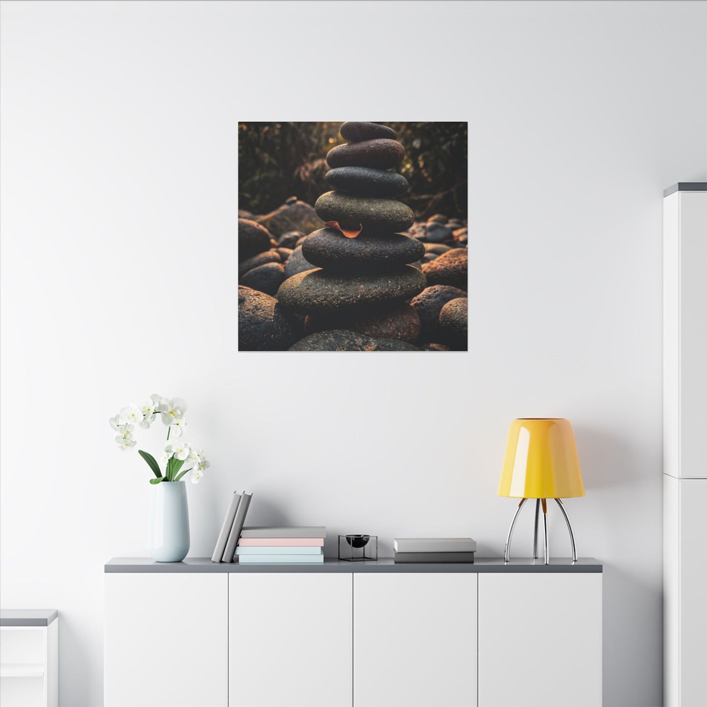Dark Japandi River Stones in Golden Hour | Moody Minimal Canvas Art
