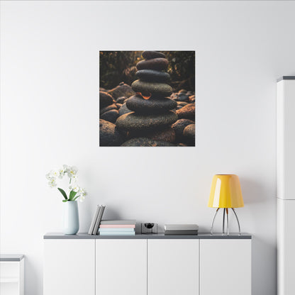 Dark Japandi River Stones in Golden Hour | Moody Minimal Canvas Art