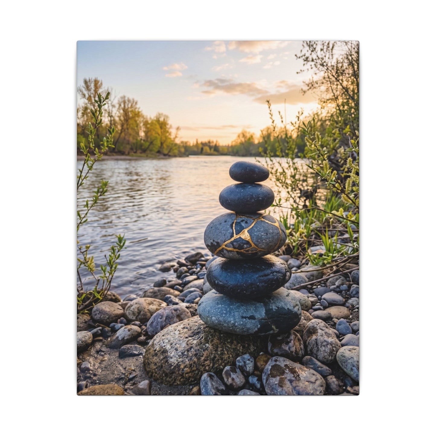 Kintsugi River Stones in Golden Hour | Gold Vein Canvas Art