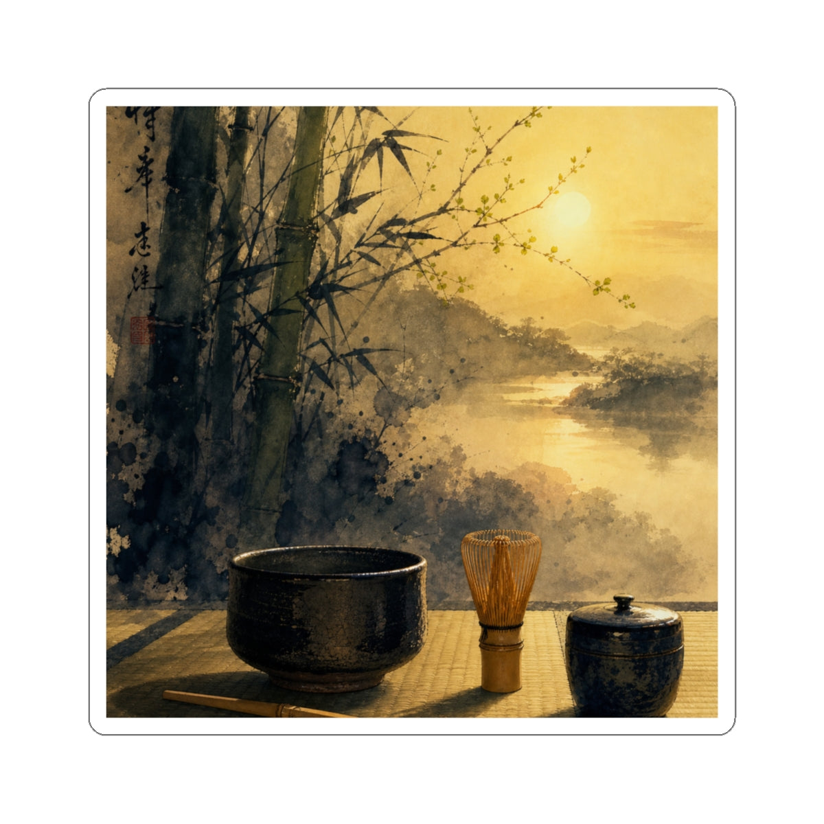 Tea Ceremony Sumi E Sticker | Peaceful Zen Art