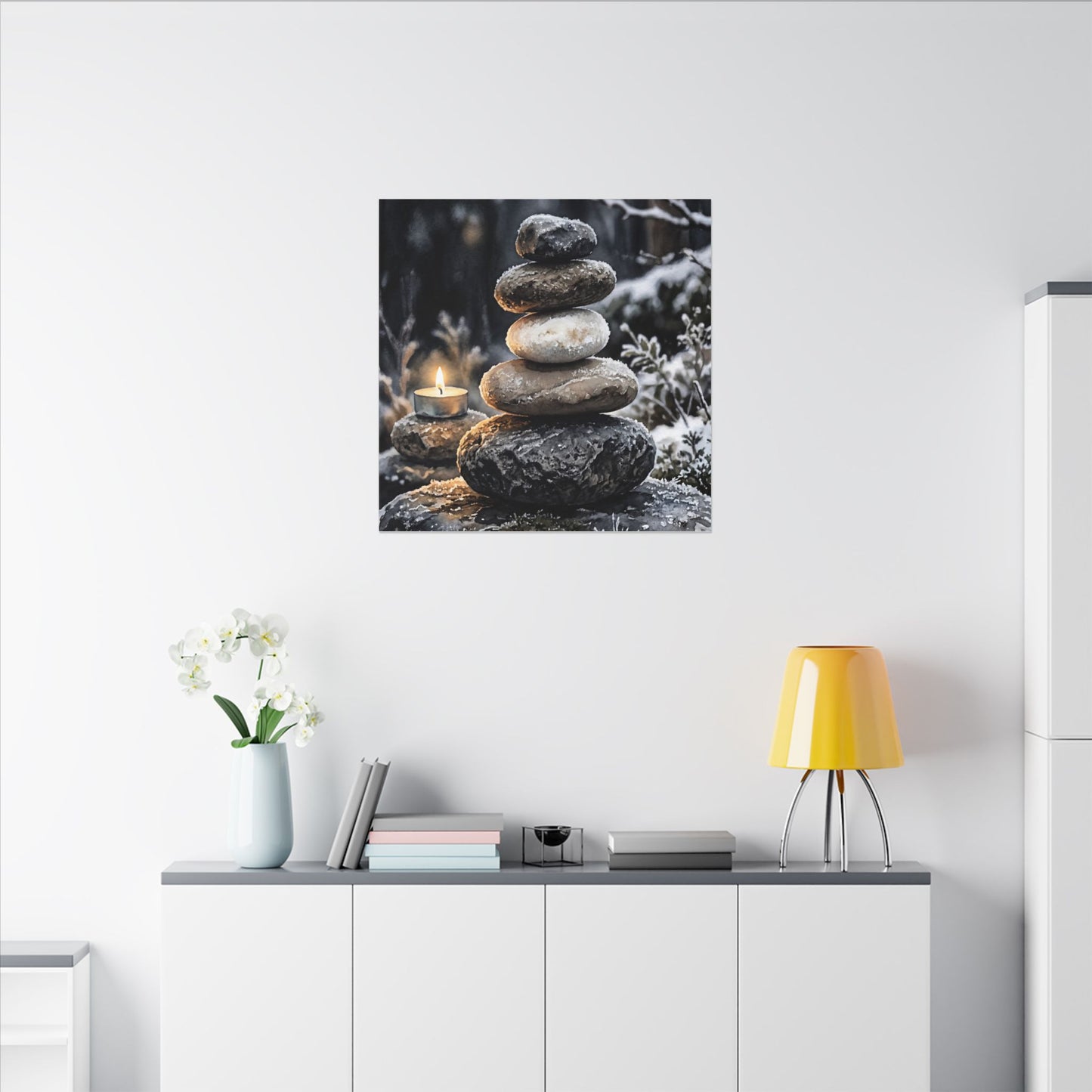River Stones Canvas Art | Winter Japandi Watercolor Art
