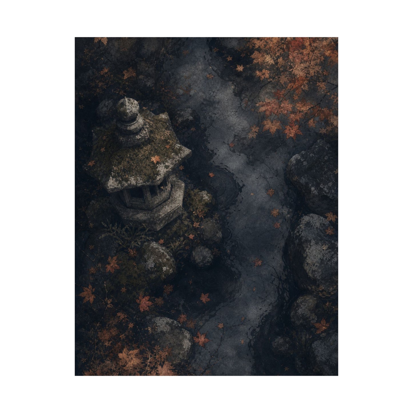 Japandi Stone Lantern in Moonlight | Texture Wall Art Print
