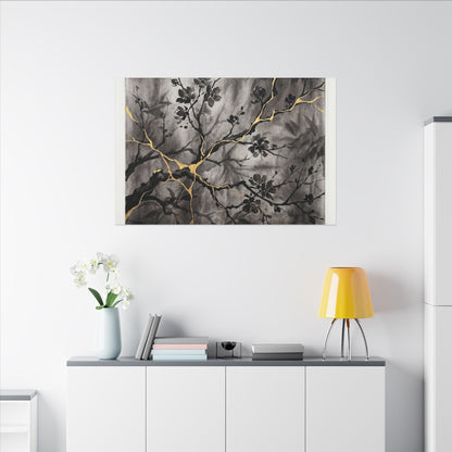 Kanso Cherry Blossom Canvas Art - Kintsugi Crackle Gold