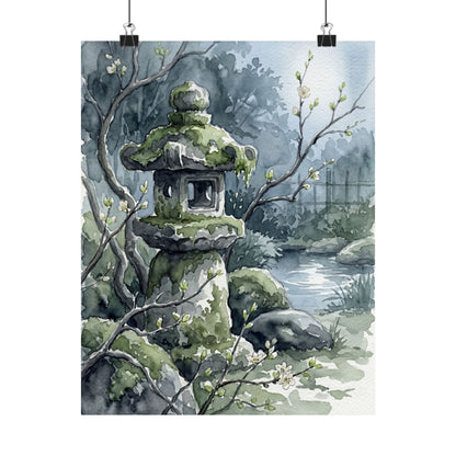 Japandi Stone Lantern in Moonlight | Watercolor Wall Art Print