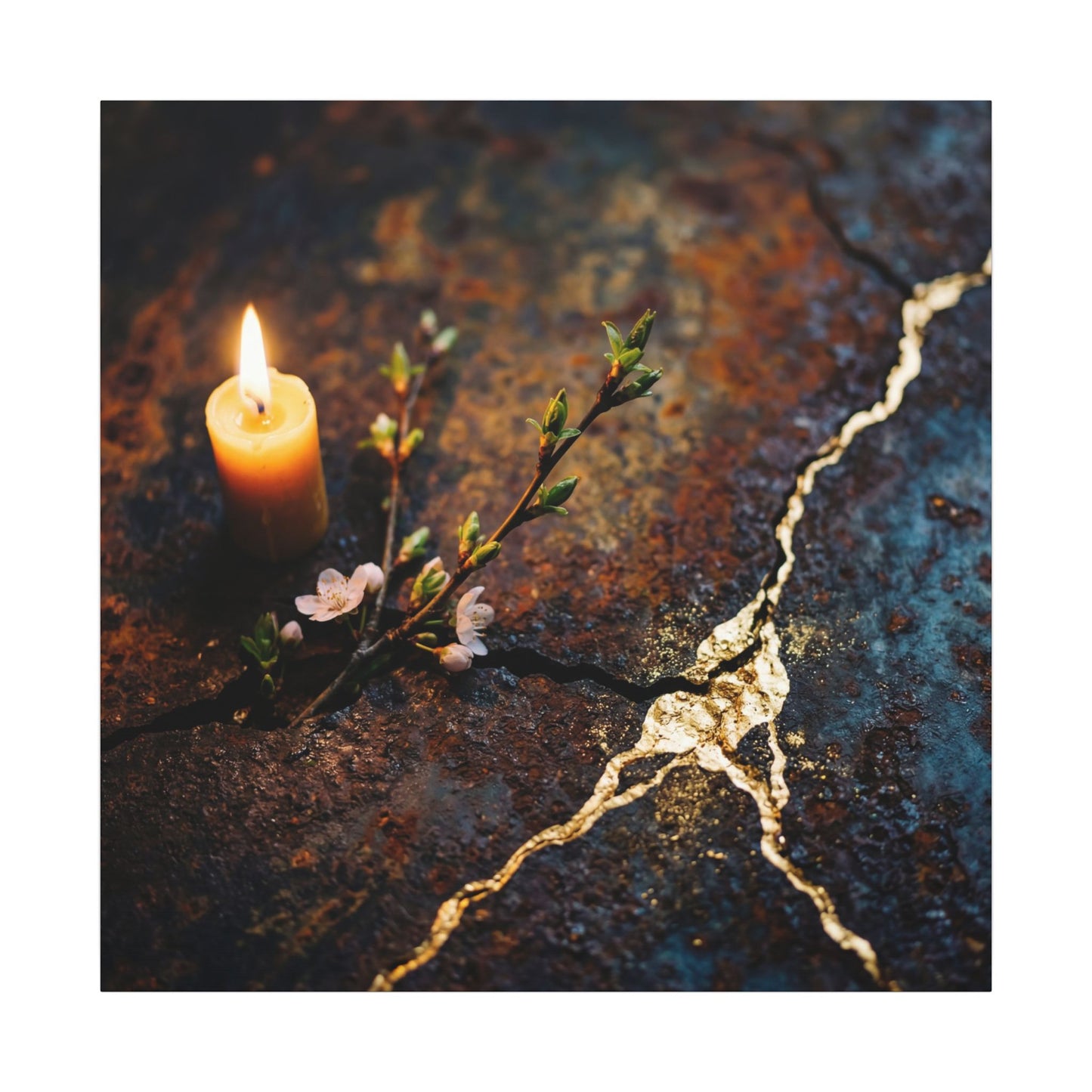 Kintsugi Rust Patina in Candlelight | Gold Repair Canvas Art