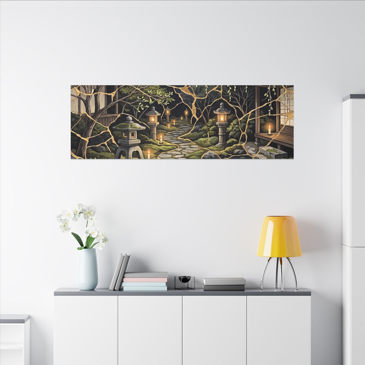Kintsugi Moonlit Garden in Candlelight | Gold Vein Canvas Art