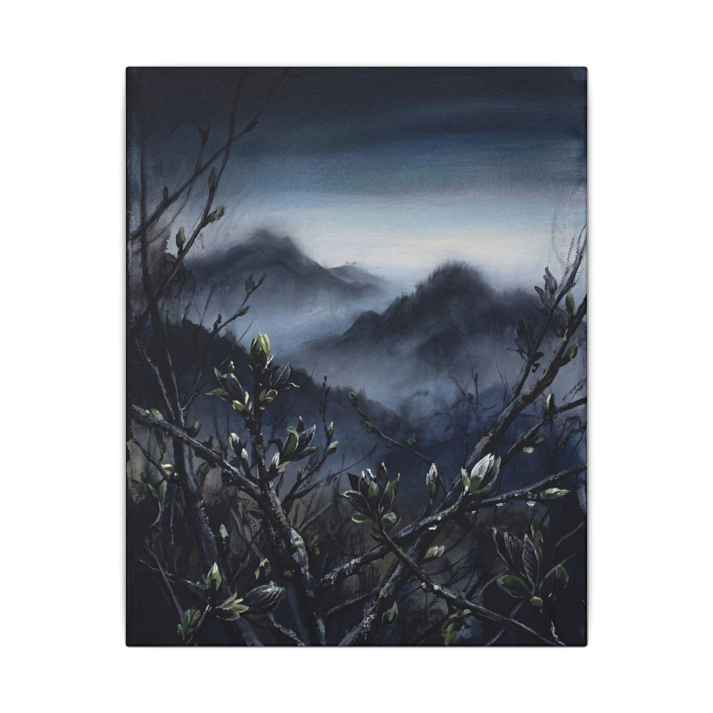 Mountain Mist Spring Canvas Art | Dark Japandi Atmospheric Design