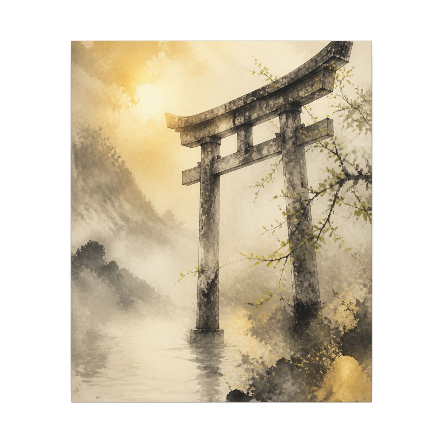 Spring Torii Gate Sumi E Canvas Art | Tranquil Decor