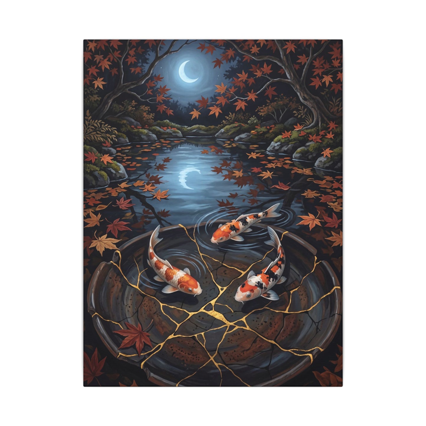 Koi Pond Canvas Art | Autumn Kintsugi Gold Repair Art