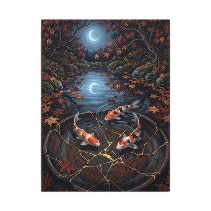 Koi Pond Canvas Art | Autumn Kintsugi Gold Repair Art