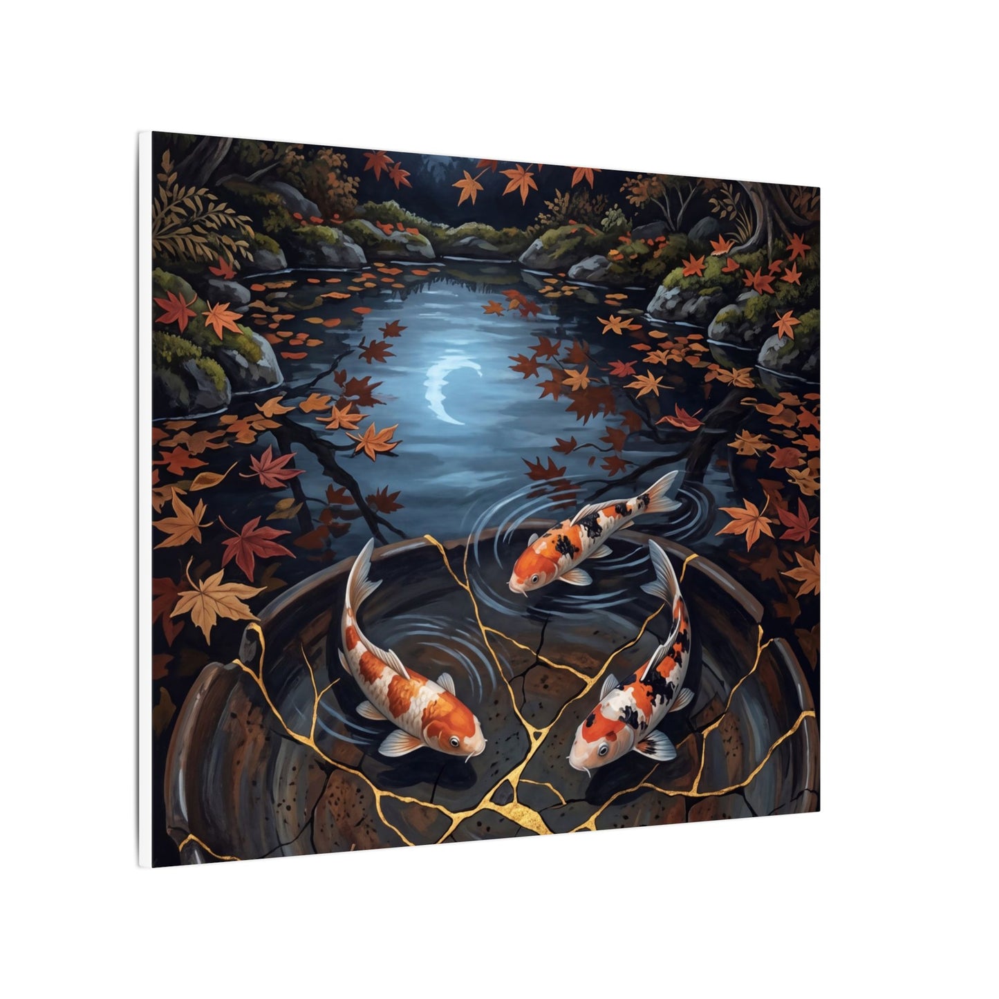 Koi Pond Canvas Art | Autumn Kintsugi Gold Repair Art
