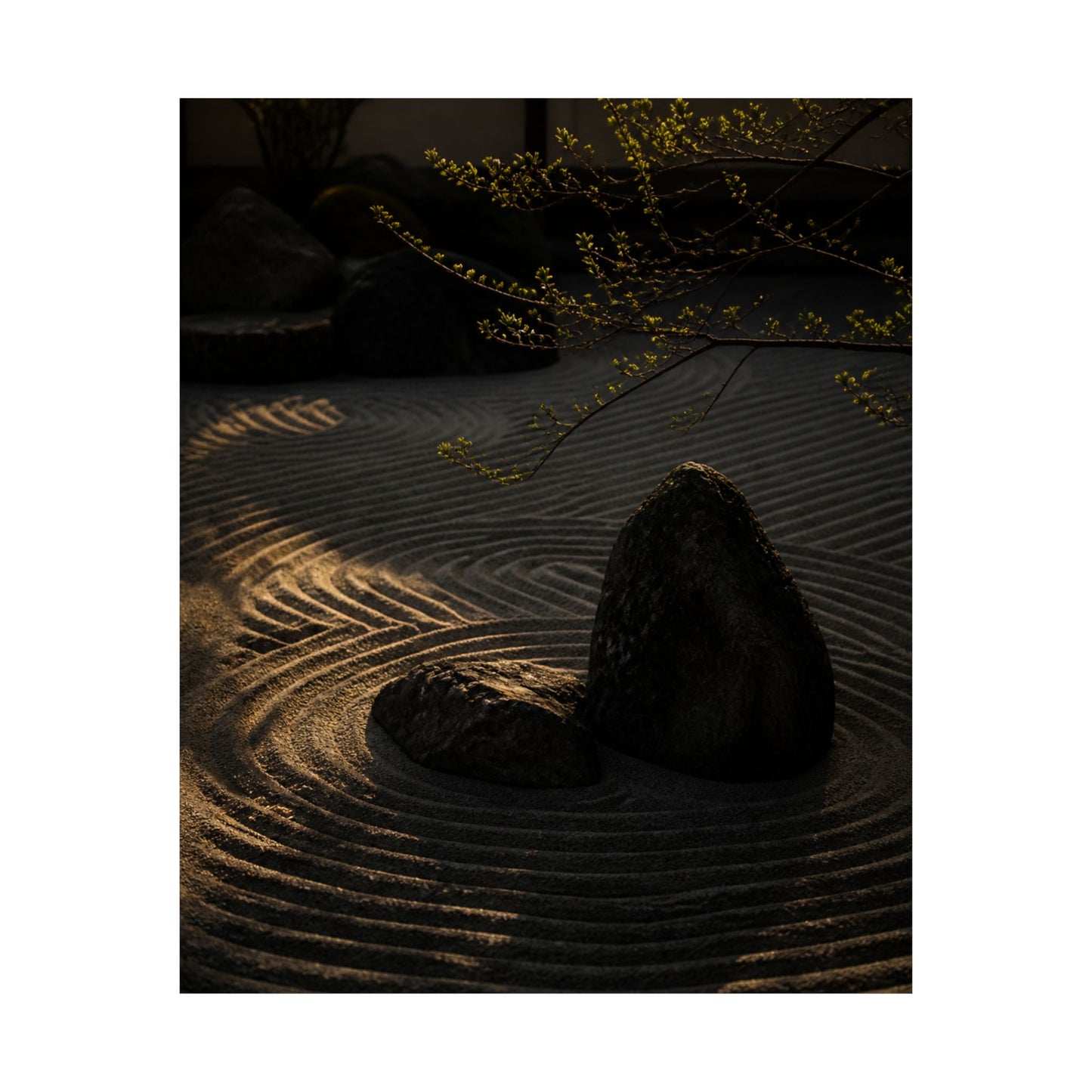 Golden Hour Rock Garden Wall Art Print - Dark Japandi Ma