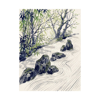 Zen Rock Garden in Dappled | Sumi E Wall Art Print