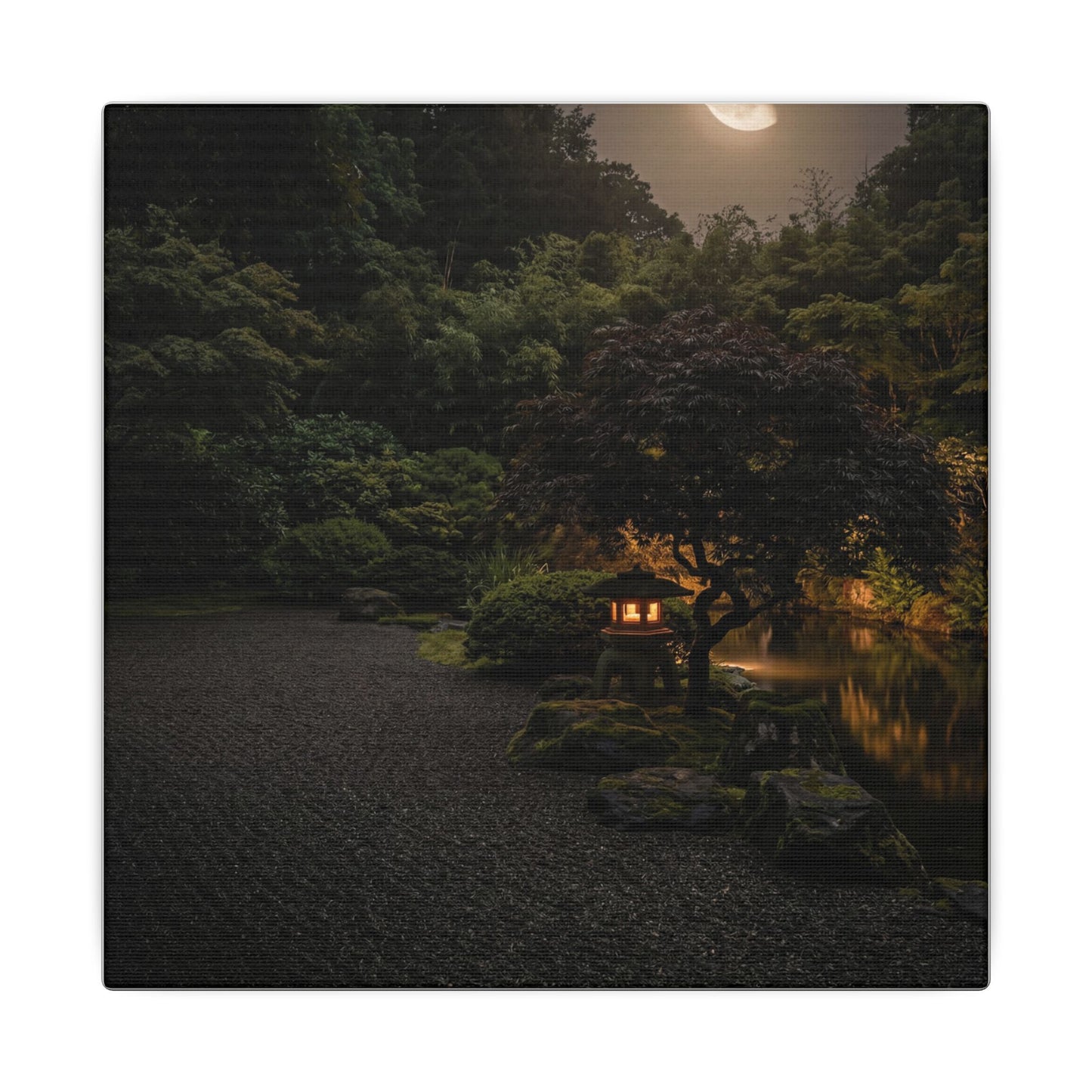 Dark Japandi Moonlit Garden in Golden Hour | Moody Minimal Canvas Art