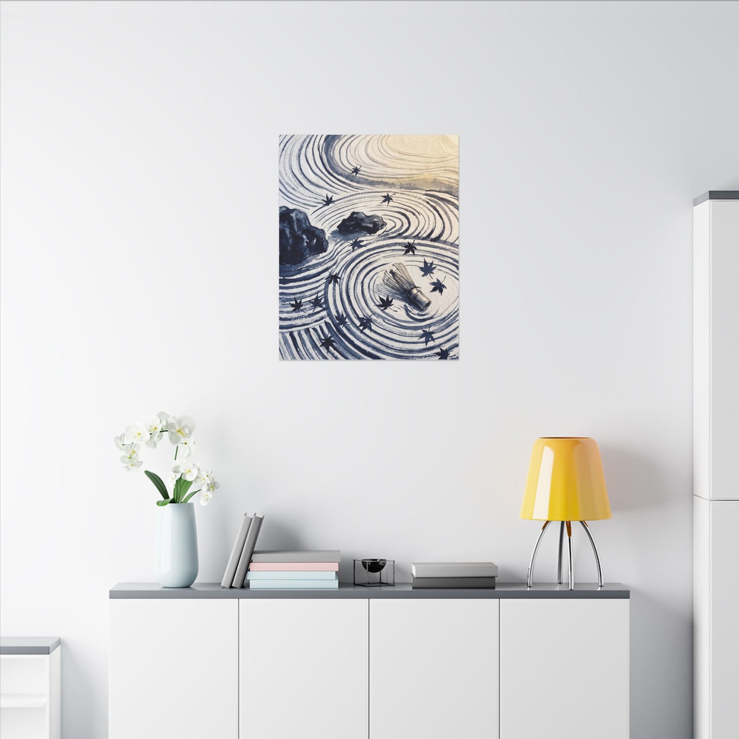 Zen Rock Garden in Golden Hour | Sumi E Canvas Art
