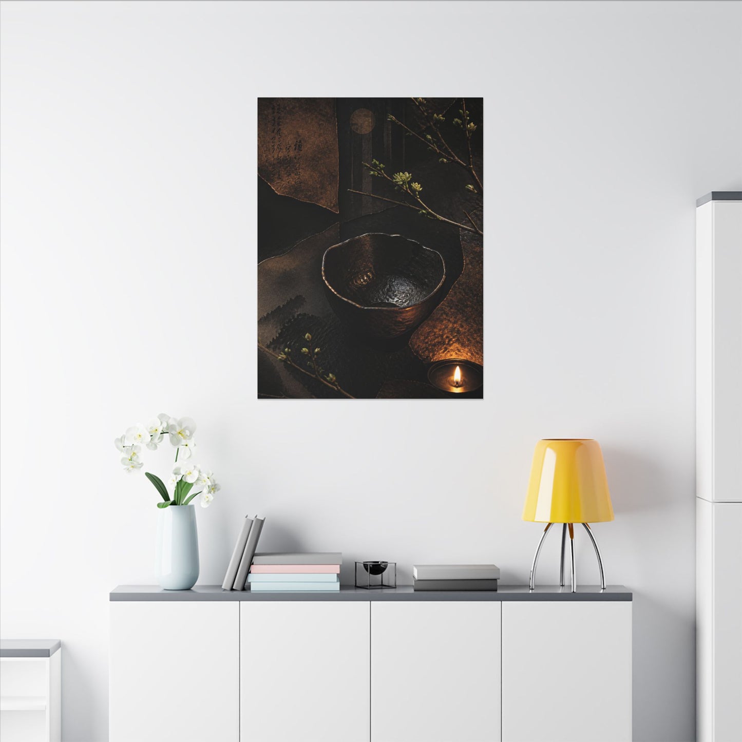 Atmospheric Ceramic Bowl Canvas Art - Shadow Zen Dark Japandi