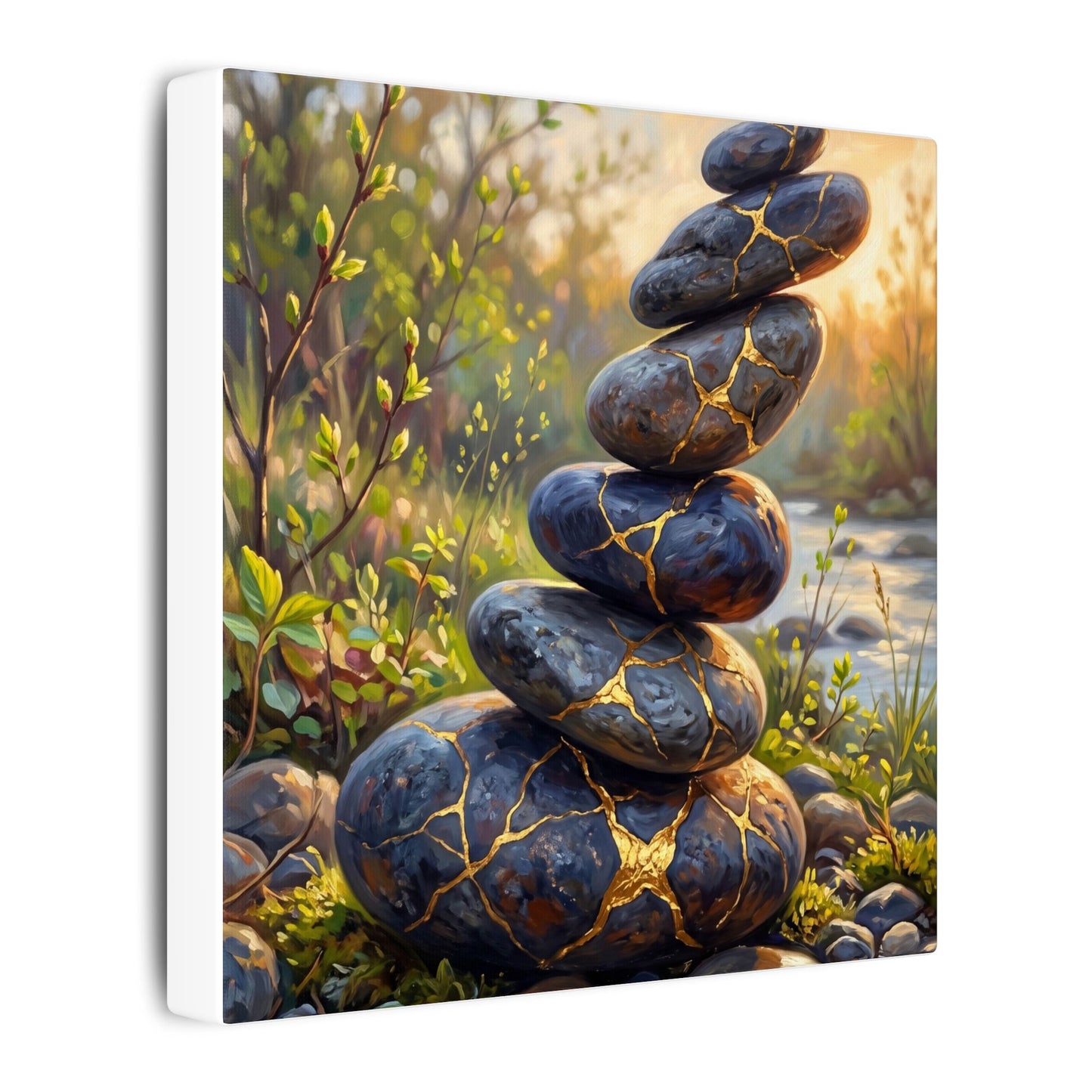 Spring River Stones Gold Repair Canvas Art | Healing Decor