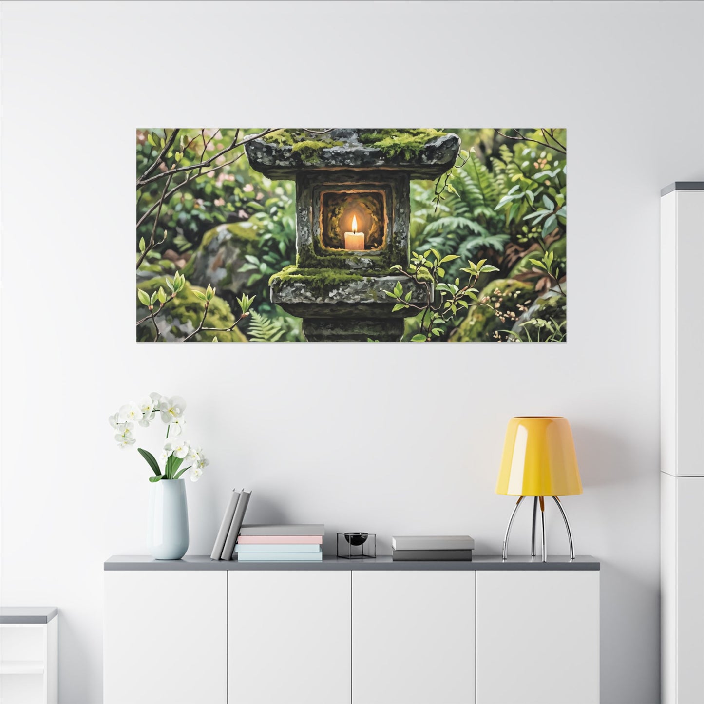Neutral Stone Lantern Canvas Art - Japanese Pattern Japandi