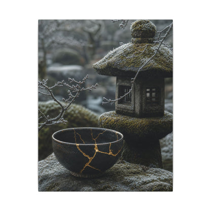 Stone Lantern Canvas Art | Winter Kintsugi Gold Repair Art