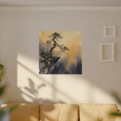 Zen Pine Tree in Golden Hour | Sumi E Canvas Art