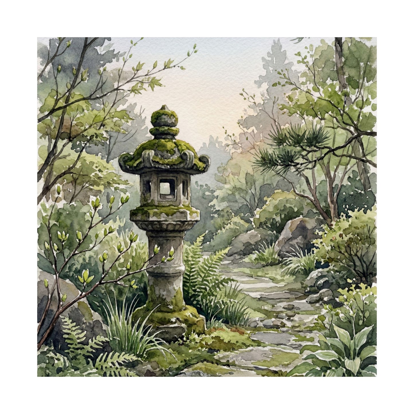 Japandi Stone Lantern in Dawn | Watercolor Wall Art Print