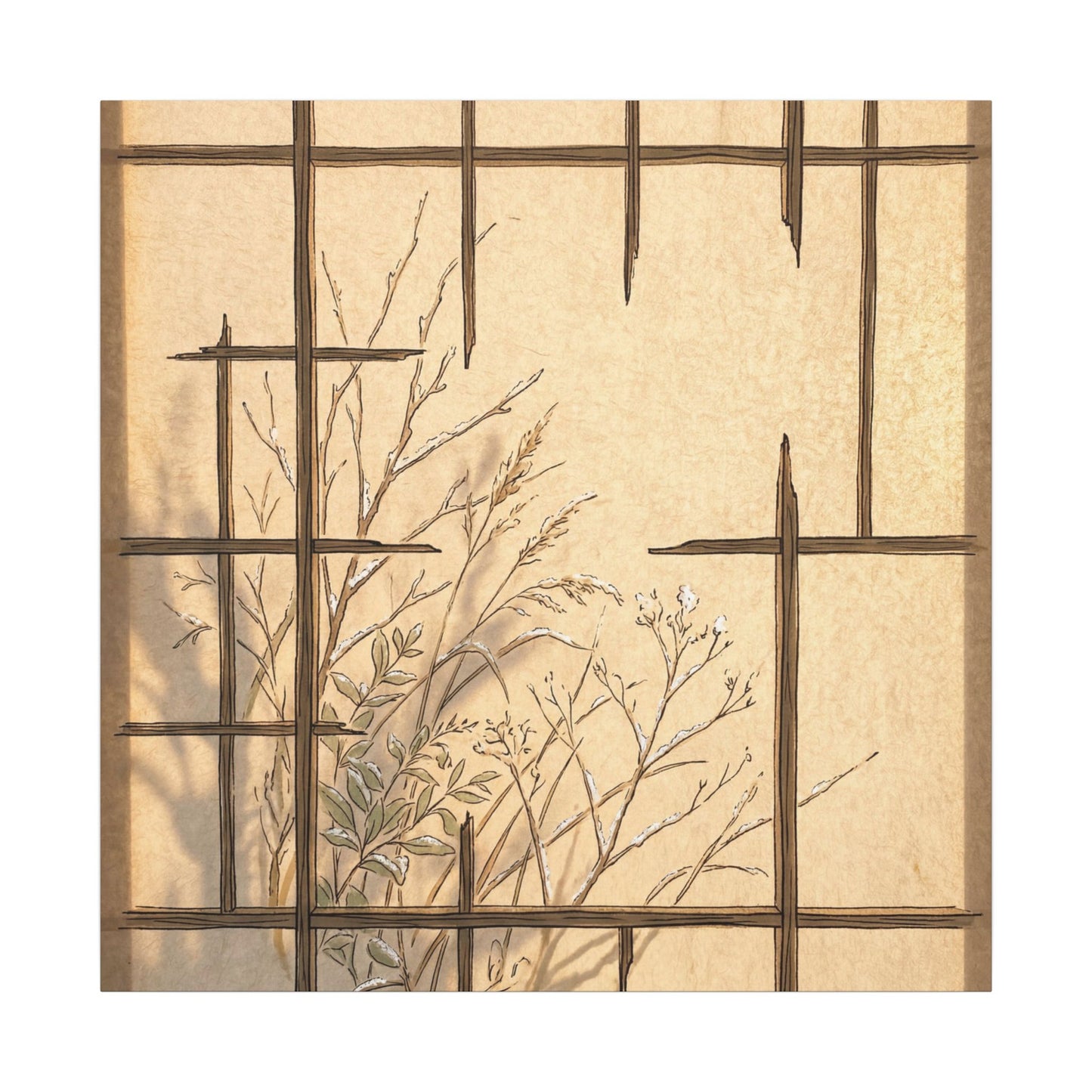 Shoji Screen Canvas Art | Winter Japandi Minimal Line Art