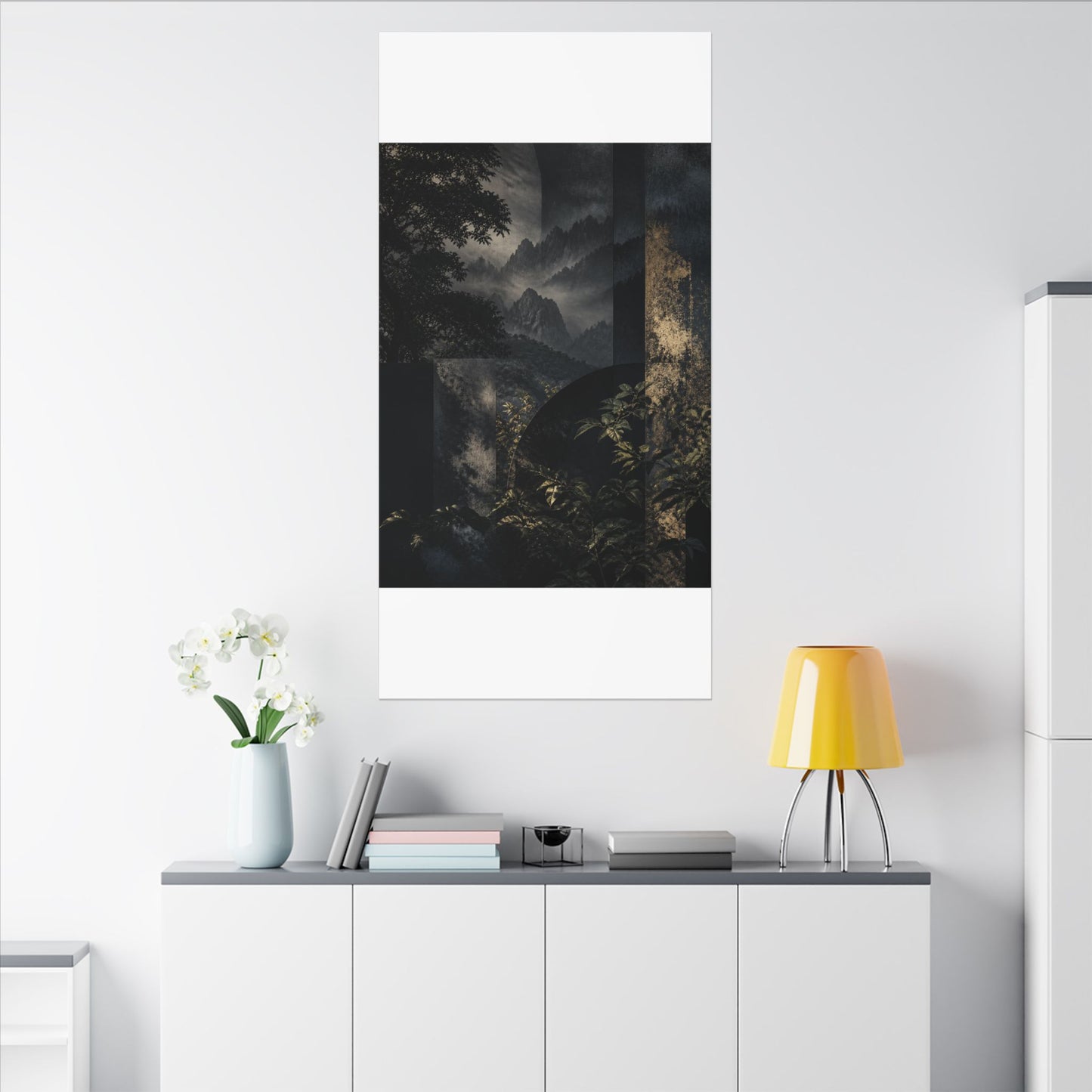 Mountain Mist Summer Canvas Art | Dark Japandi Atmospheric Design