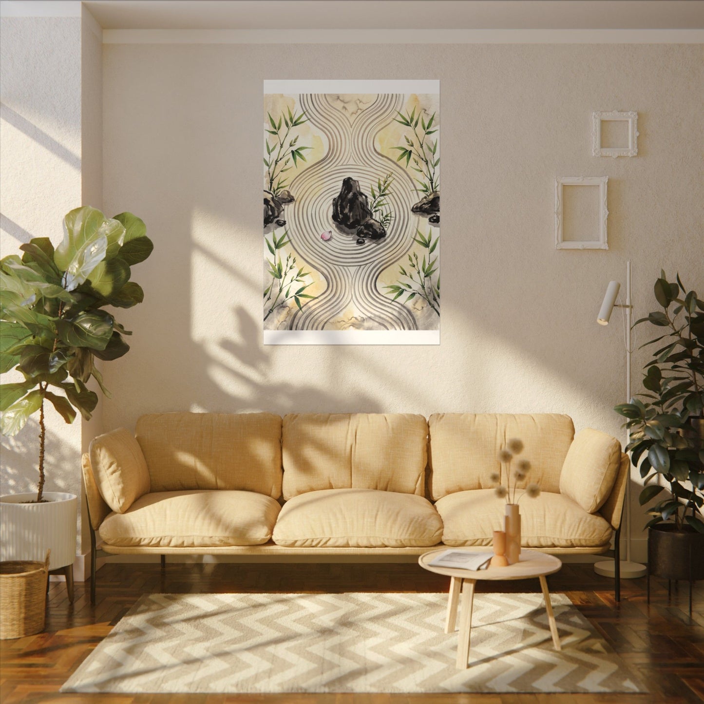 Zen Rock Garden in Golden Hour | Sumi E Canvas Art