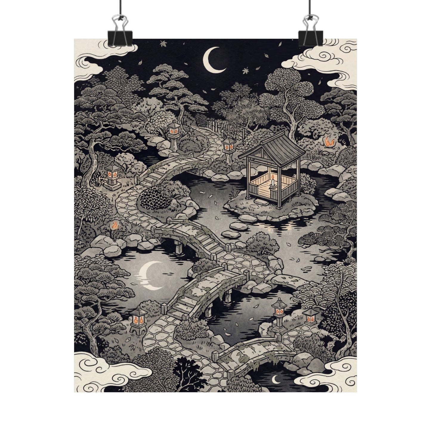 Summer Moonlit Garden Ukiyo E Inspired Wall Art Print | Serene Decor Art Print