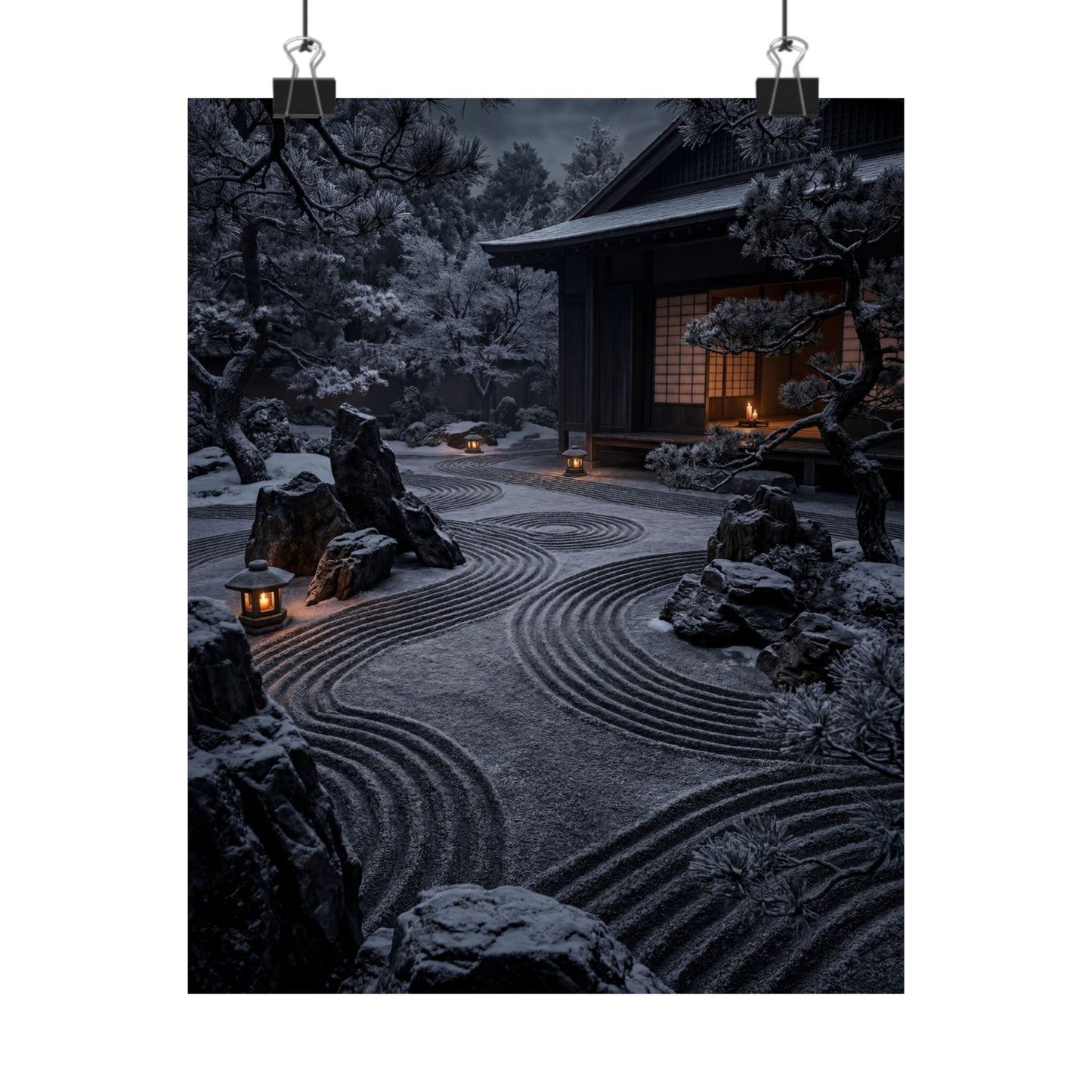 Dark Japandi Rock Garden in Candlelight | Shadow Zen Wall Art Print Art Print