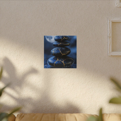 River Stones Canvas Art | Winter Kintsugi Gold Repair Art