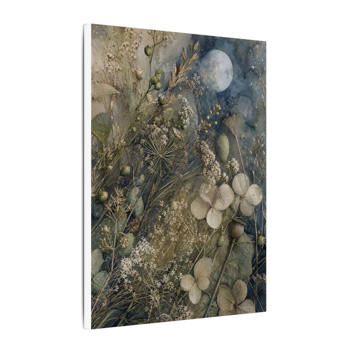 Japandi Dried Flowers in Moonlight | Watercolor Canvas Art