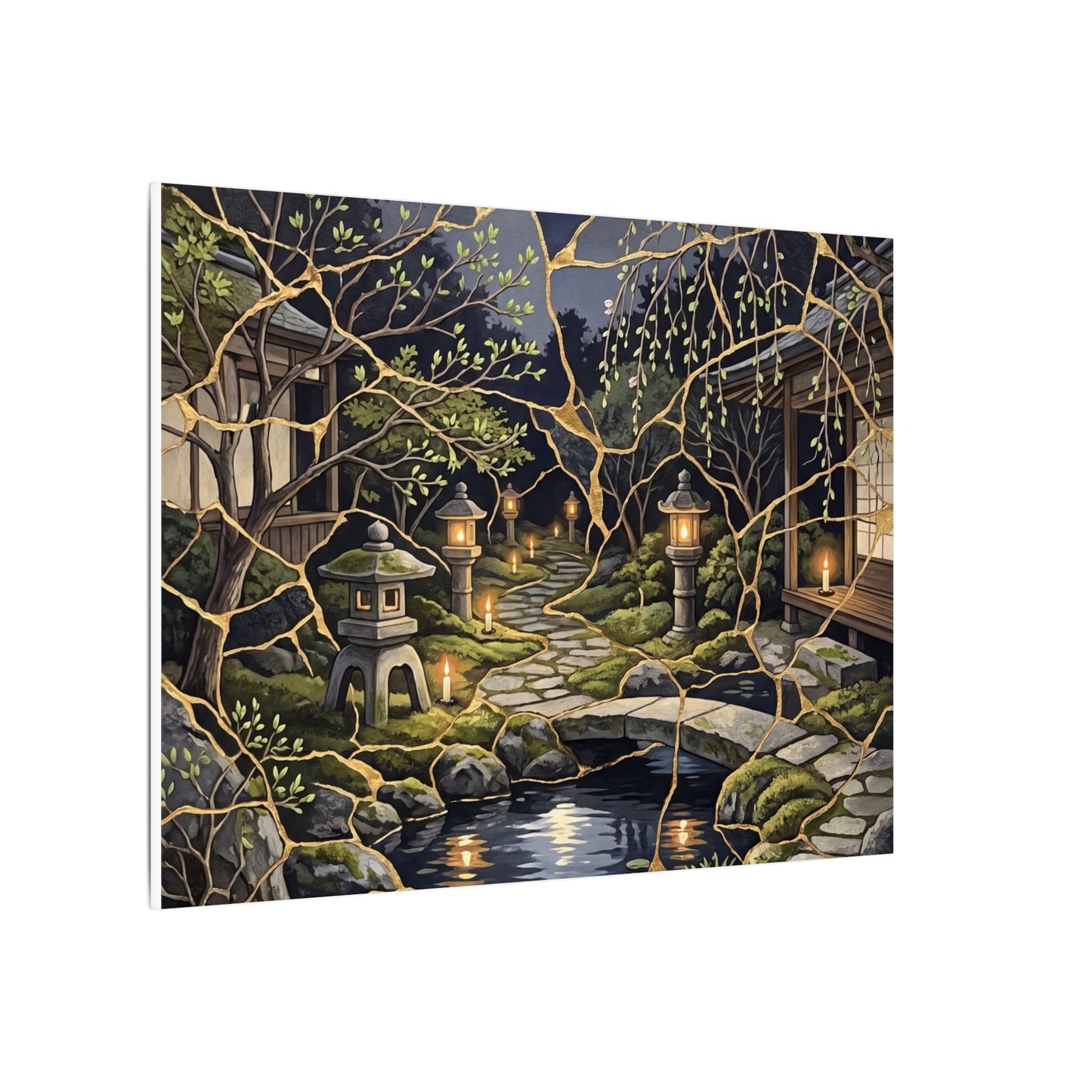 Kintsugi Moonlit Garden in Candlelight | Gold Vein Canvas Art