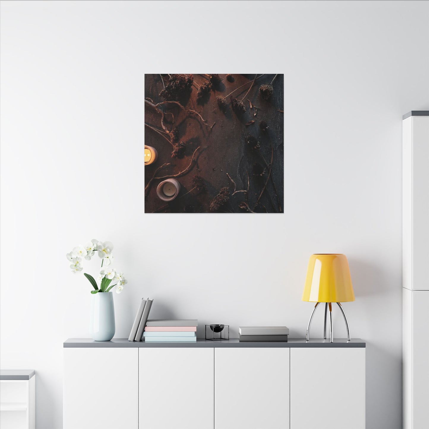 Dried Flowers Canvas Art | Winter Dark Japandi Moody Minimal Art